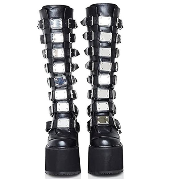 Burning Man Black Platform Combat Boots With Metal Buckle Detail - Picture 1 of 5